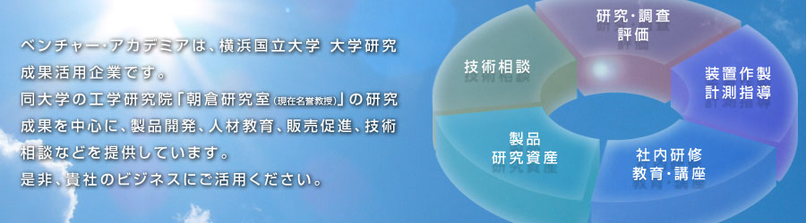 ベンチャー・アカデミアは、横浜国立大学　大学研究成果活用企業です。同大学の工学研究院「朝倉研究室（現在名誉教授）」の研究成果を中心に、製品開発、人材教育、販売促進、技術相談などを提供しています。是非、貴社のビジネスにご活用ください。　技術相談、研究・調査・評価、装置制作、計測指導、社内研修、教育・講座、製品研究資産